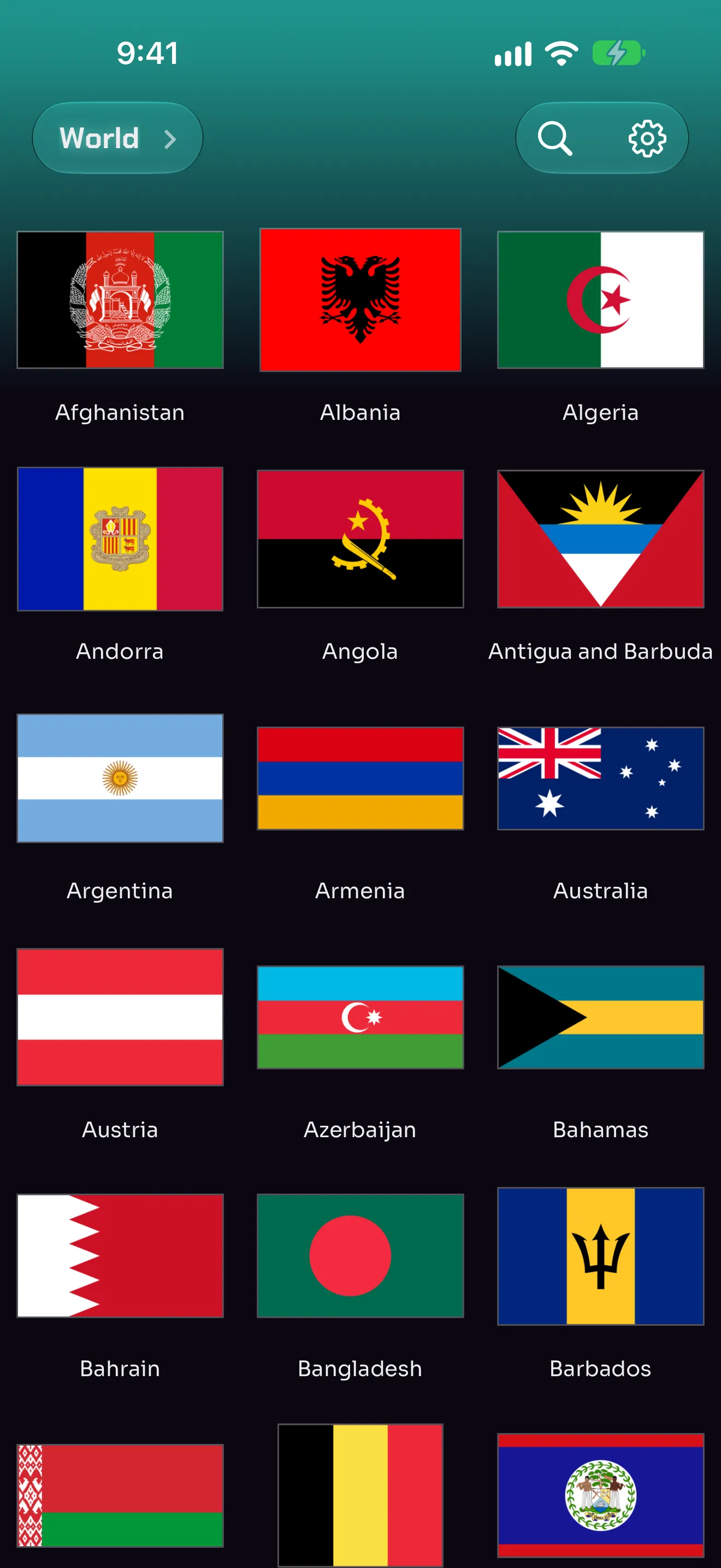 Country flags and names in the World view of Anthems ’n’ Flags.