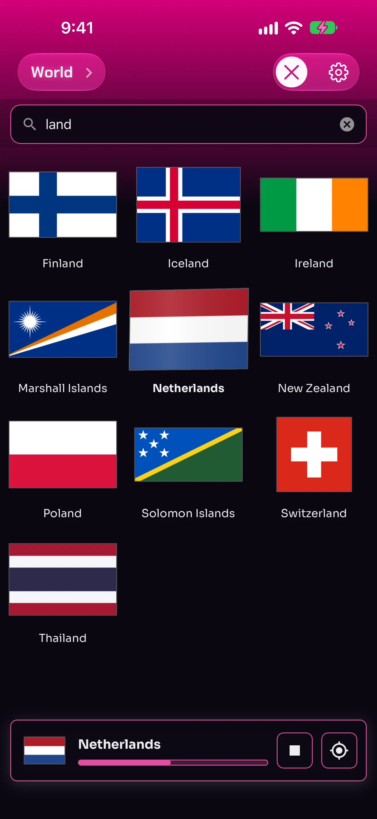 Search results for “land”, showing matching country flags and names.